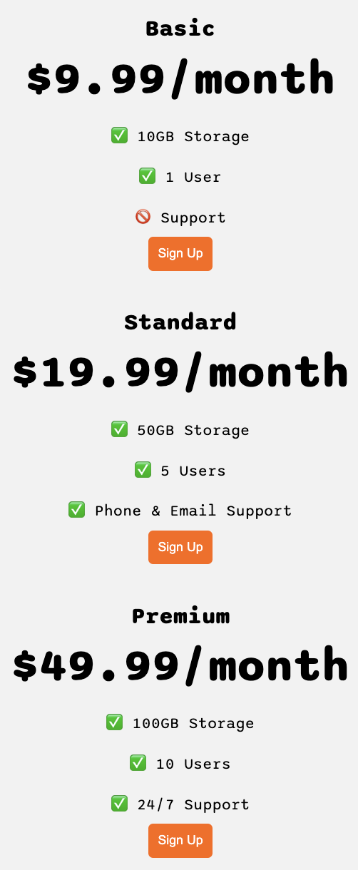 picture of a pricing table